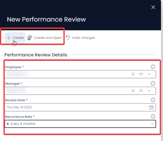 A screenshot that shows the Performance Review create screen